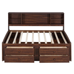 Bellemave Full Size Wooden Captain Bed with Built - in Storage Shelves, 4 Drawers and 2 Cabinets, Antique Brown - Bellemave