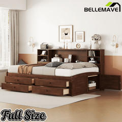 Bellemave Full Size Wooden Captain Bed with Built - in Storage Shelves, 4 Drawers and 2 Cabinets, Antique Brown - Bellemave