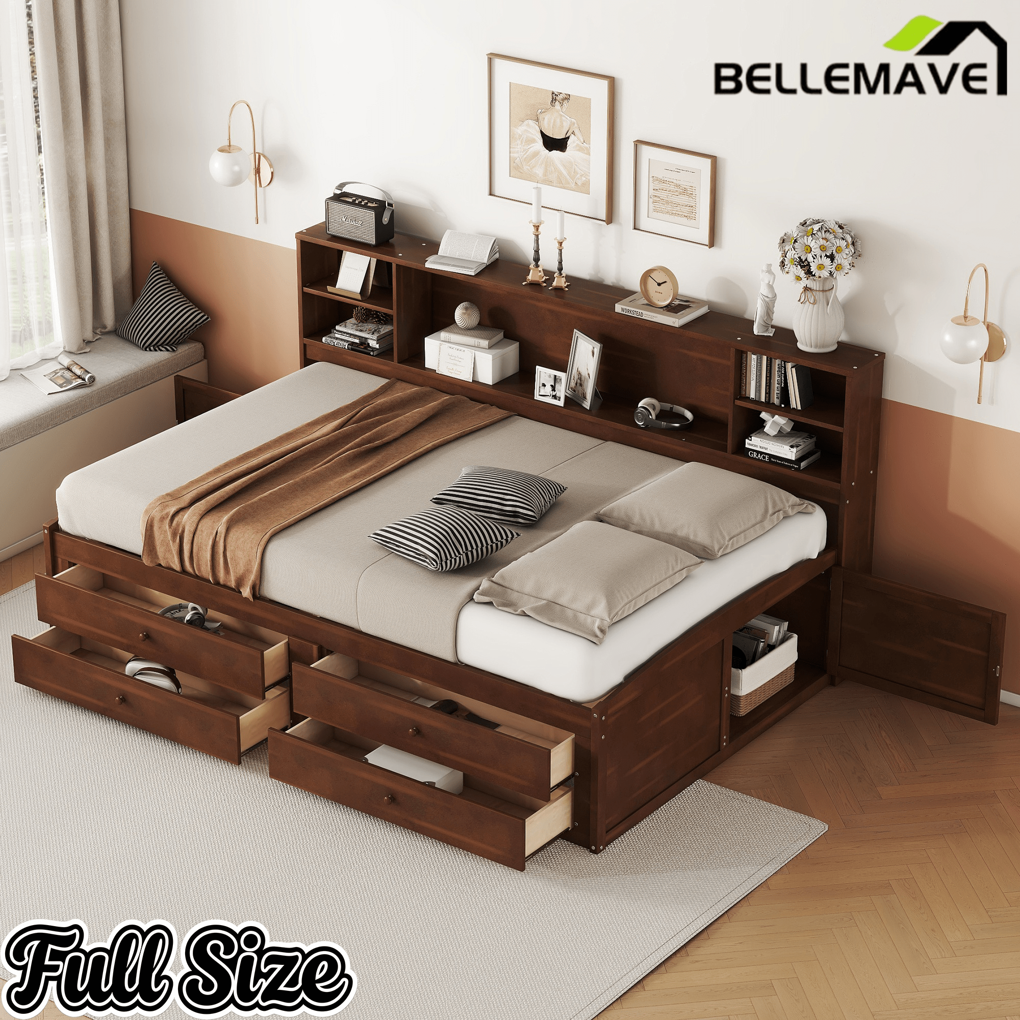Bellemave Full Size Wooden Captain Bed with Built - in Storage Shelves, 4 Drawers and 2 Cabinets, Antique Brown - Bellemave