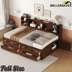 Bellemave Full Size Wooden Captain Bed with Built - in Storage Shelves, 4 Drawers and 2 Cabinets, Antique Brown - Bellemave