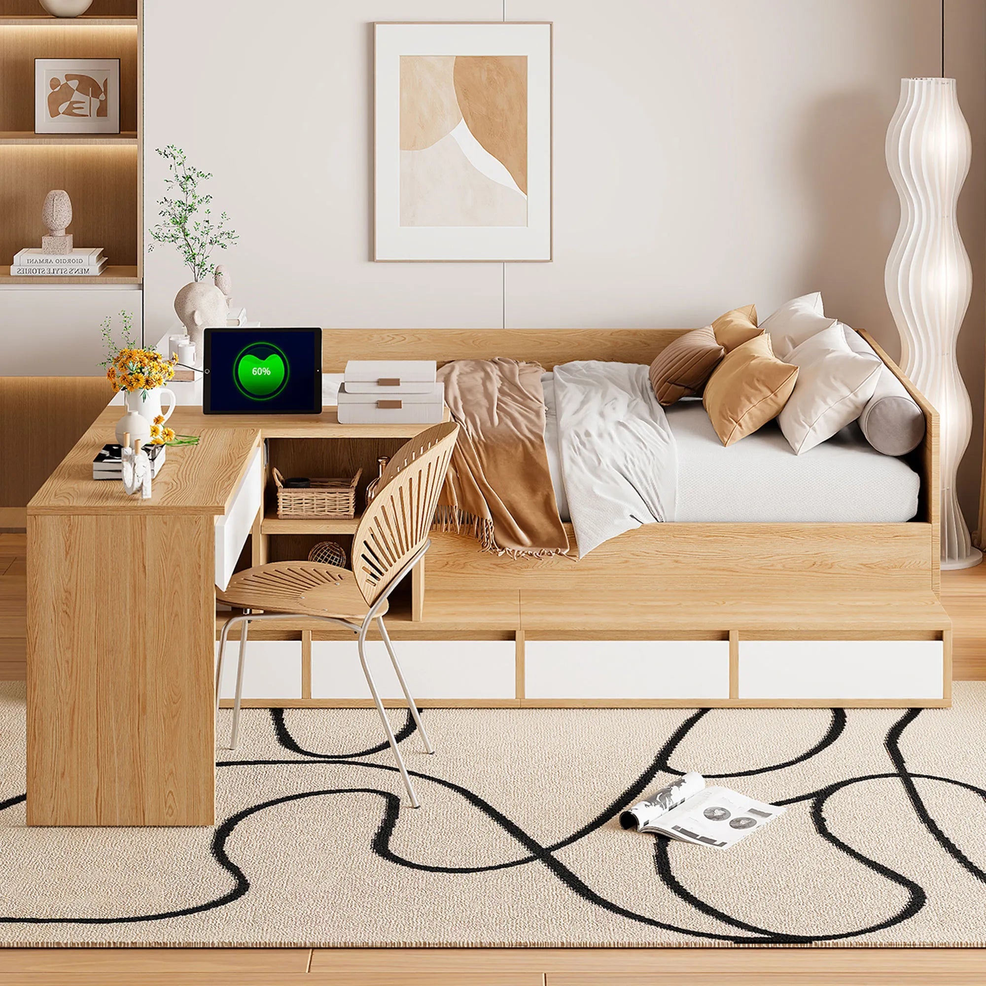 Bellemave® Full Size Wooden Daybed with 6 Drawers, Shelves and Dressing Table - Bellemave