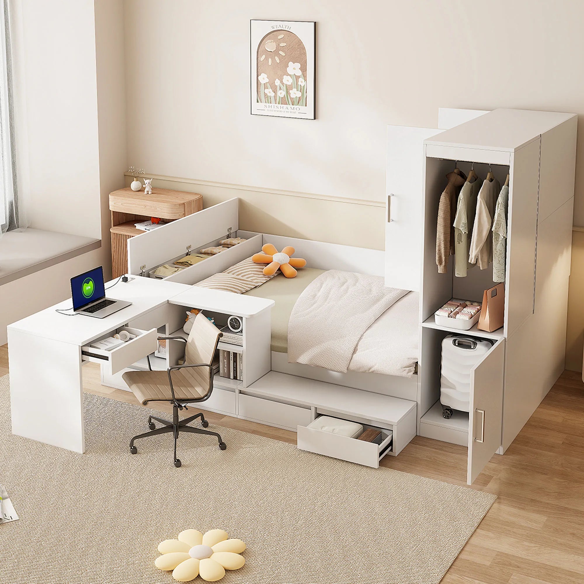 Bellemave® Full Size Wooden Daybed with 6 Drawers, Shelves, Desk and Wardrobe - Bellemave