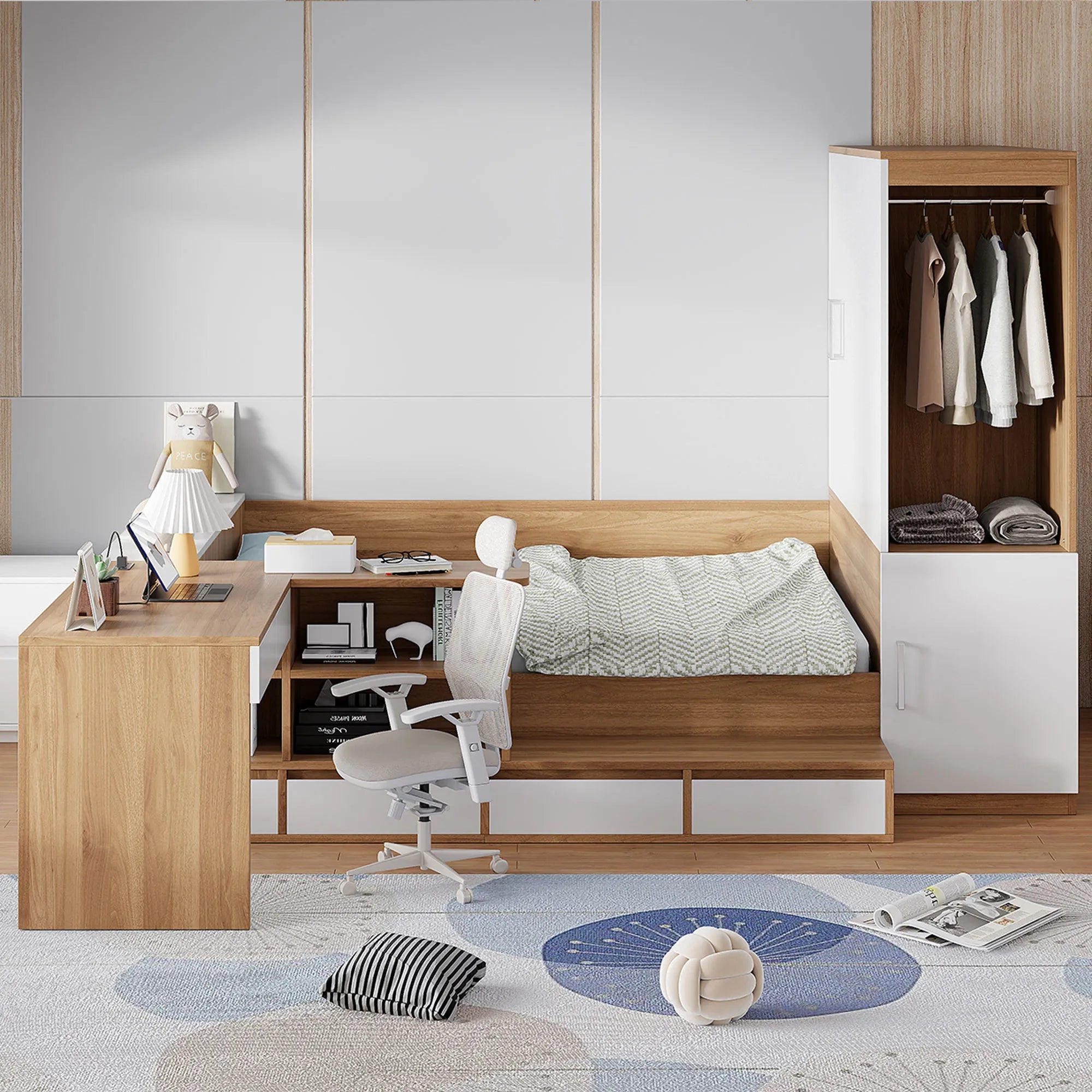 Bellemave® Full Size Wooden Daybed with 6 Drawers, Shelves, Desk and Wardrobe - Bellemave