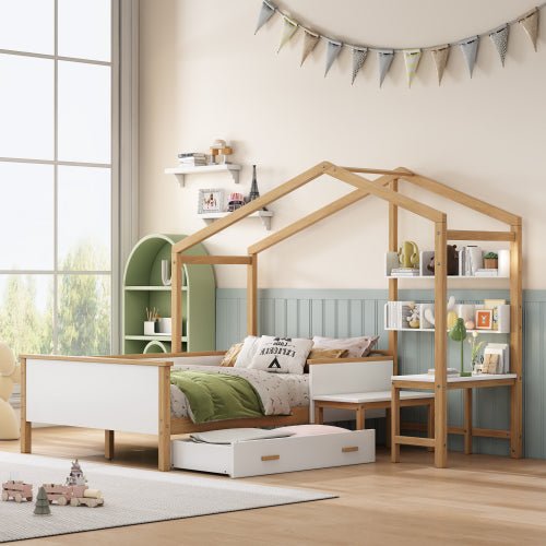 Bellemave® Full Size Wooden House Bed White and Original Wood Color Frame with Drawer - Bellemave