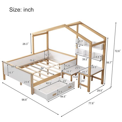 Bellemave® Full Size Wooden House Bed White and Original Wood Color Frame with Drawer - Bellemave