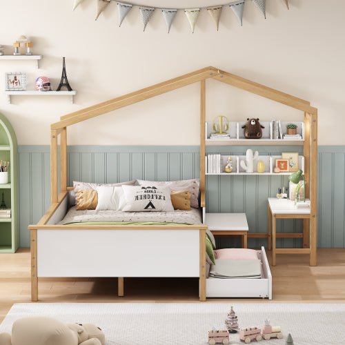 Bellemave® Full Size Wooden House Bed White and Original Wood Color Frame with Drawer - Bellemave