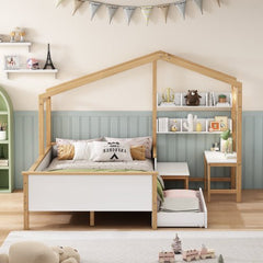 Bellemave® Full Size Wooden House Bed White and Original Wood Color Frame with Drawer - Bellemave
