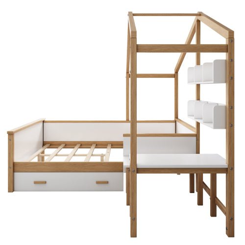 Bellemave® Full Size Wooden House Bed White and Original Wood Color Frame with Drawer - Bellemave