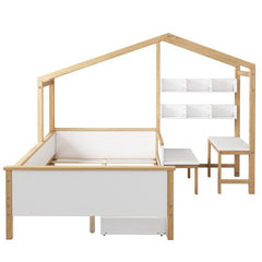 Bellemave® Full Size Wooden House Bed White and Original Wood Color Frame with Drawer - Bellemave