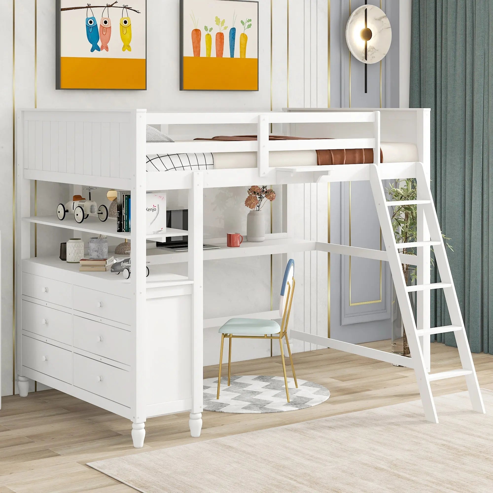 Bellemave® Full Size Wooden Loft Bed with Drawers and Desk - Bellemave