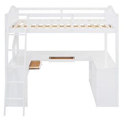 Bellemave® Full Size Wooden Loft Bed with U - shaped Desk,Storage Compartments and Tri - fold Mirror - Bellemave