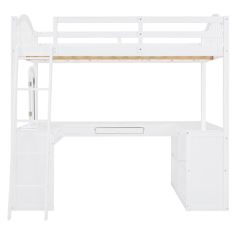 Bellemave® Full Size Wooden Loft Bed with U - shaped Desk,Storage Compartments and Tri - fold Mirror - Bellemave