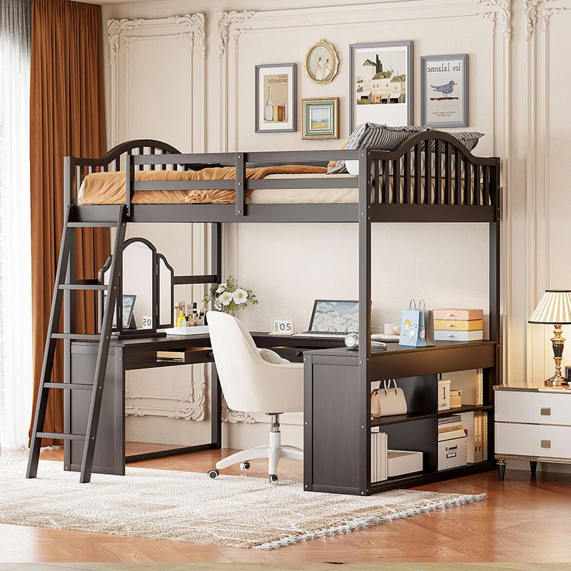 Bellemave® Full Size Wooden Loft Bed with U - shaped Desk,Storage Compartments and Tri - fold Mirror - Bellemave