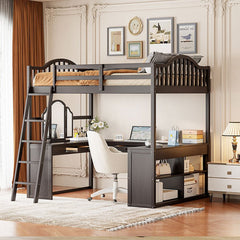 Bellemave® Full Size Wooden Loft Bed with U - shaped Desk,Storage Compartments and Tri - fold Mirror - Bellemave
