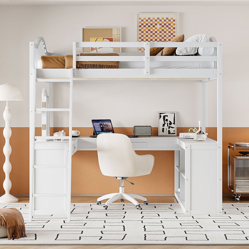 Bellemave® Full Size Wooden Loft Bed with U - shaped Desk,Storage Compartments and Tri - fold Mirror - Bellemave