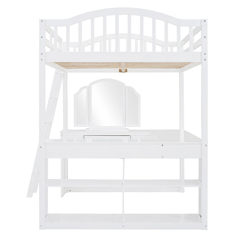 Bellemave® Full Size Wooden Loft Bed with U - shaped Desk,Storage Compartments and Tri - fold Mirror - Bellemave