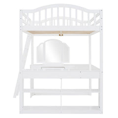 Bellemave® Full Size Wooden Loft Bed with U - shaped Desk,Storage Compartments and Tri - fold Mirror - Bellemave