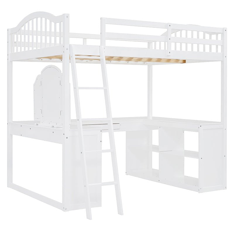 Bellemave® Full Size Wooden Loft Bed with U - shaped Desk,Storage Compartments and Tri - fold Mirror - Bellemave