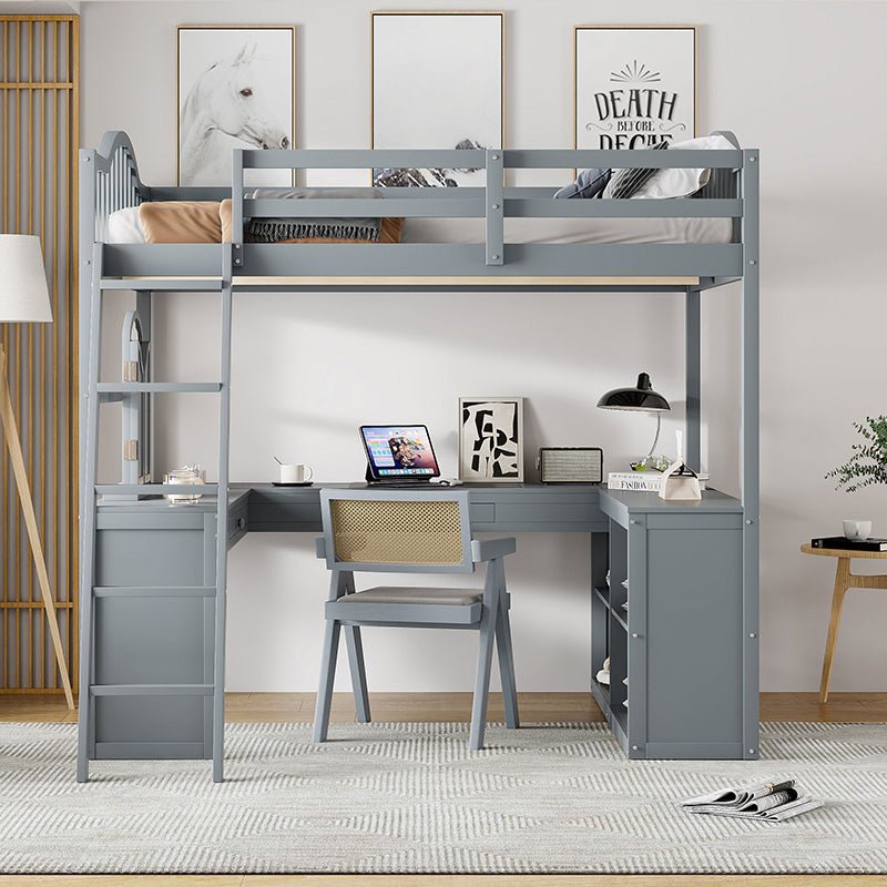 Bellemave® Full Size Wooden Loft Bed with U - shaped Desk,Storage Compartments and Tri - fold Mirror - Bellemave