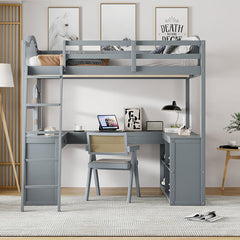 Bellemave® Full Size Wooden Loft Bed with U - shaped Desk,Storage Compartments and Tri - fold Mirror - Bellemave