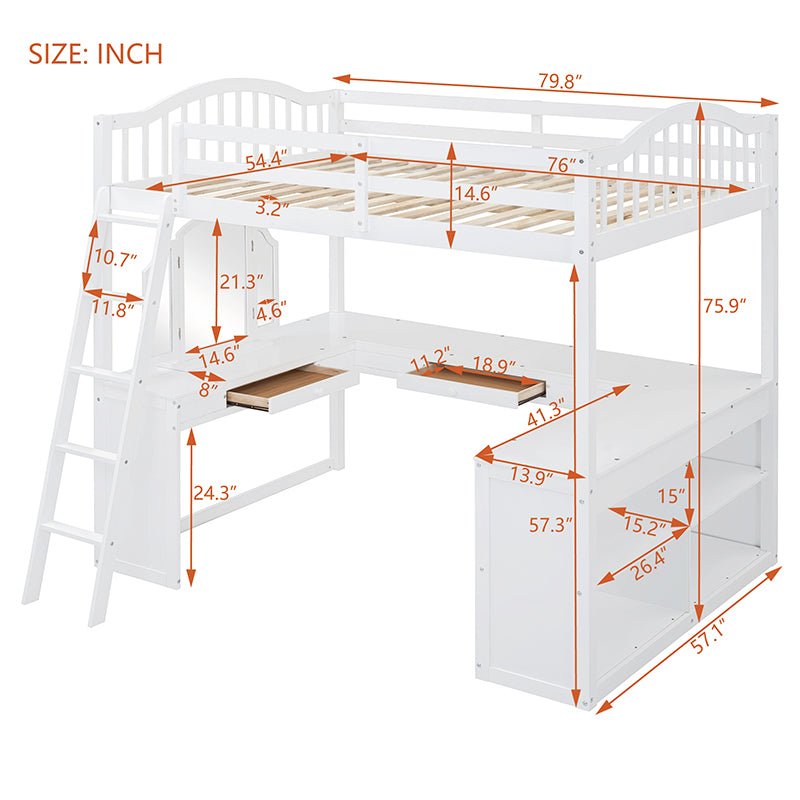 Bellemave® Full Size Wooden Loft Bed with U - shaped Desk,Storage Compartments and Tri - fold Mirror - Bellemave