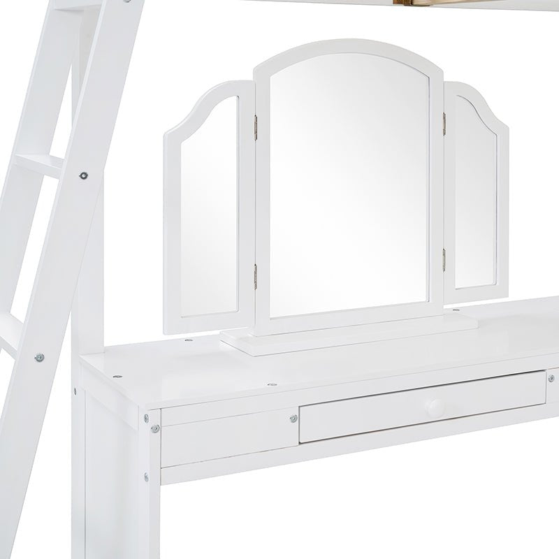 Bellemave® Full Size Wooden Loft Bed with U - shaped Desk,Storage Compartments and Tri - fold Mirror - Bellemave