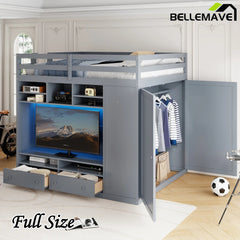 Bellemave® Full Size Wooden Loft Bed with Wardrobe, TV Cabinet, Storage Shelves, Drawers and RGB LED light - Bellemave