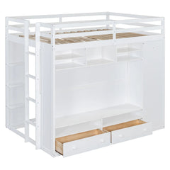 Bellemave® Full Size Wooden Loft Bed with Wardrobe, TV Cabinet, Storage Shelves, Drawers and RGB LED light - Bellemave