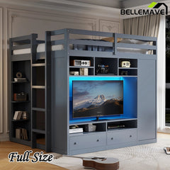 Bellemave® Full Size Wooden Loft Bed with Wardrobe, TV Cabinet, Storage Shelves, Drawers and RGB LED light - Bellemave