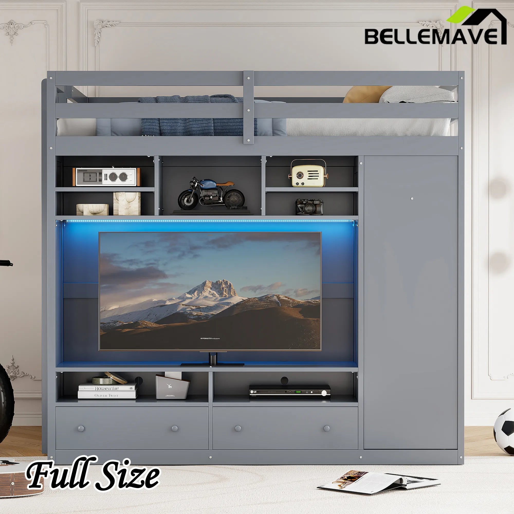 Bellemave® Full Size Wooden Loft Bed with Wardrobe, TV Cabinet, Storage Shelves, Drawers and RGB LED light - Bellemave