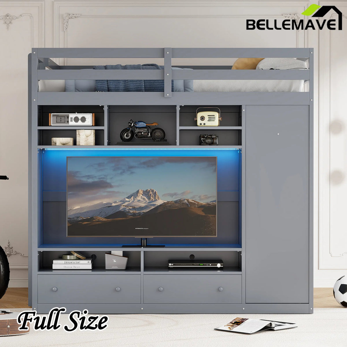 Bellemave® Full Size Wooden Loft Bed with Wardrobe, TV Cabinet, Storage Shelves, Drawers and RGB LED light - Bellemave