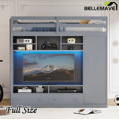 Bellemave® Full Size Wooden Loft Bed with Wardrobe, TV Cabinet, Storage Shelves, Drawers and RGB LED light - Bellemave