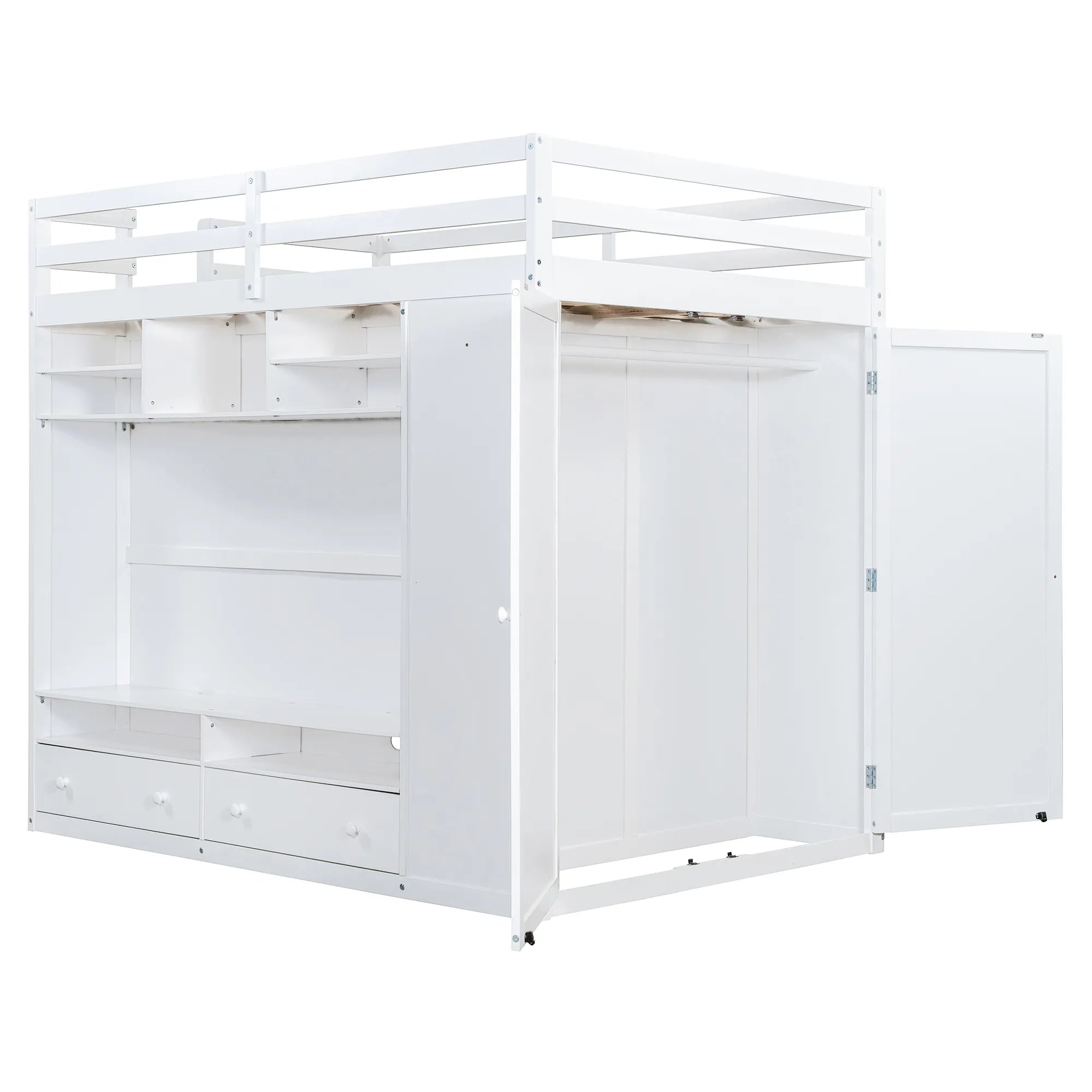 Bellemave® Full Size Wooden Loft Bed with Wardrobe, TV Cabinet, Storage Shelves, Drawers and RGB LED light - Bellemave