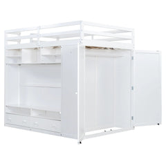 Bellemave® Full Size Wooden Loft Bed with Wardrobe, TV Cabinet, Storage Shelves, Drawers and RGB LED light - Bellemave
