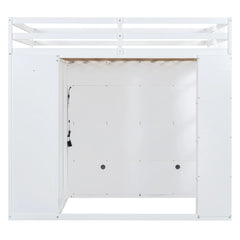 Bellemave® Full Size Wooden Loft Bed with Wardrobe, TV Cabinet, Storage Shelves, Drawers and RGB LED light - Bellemave