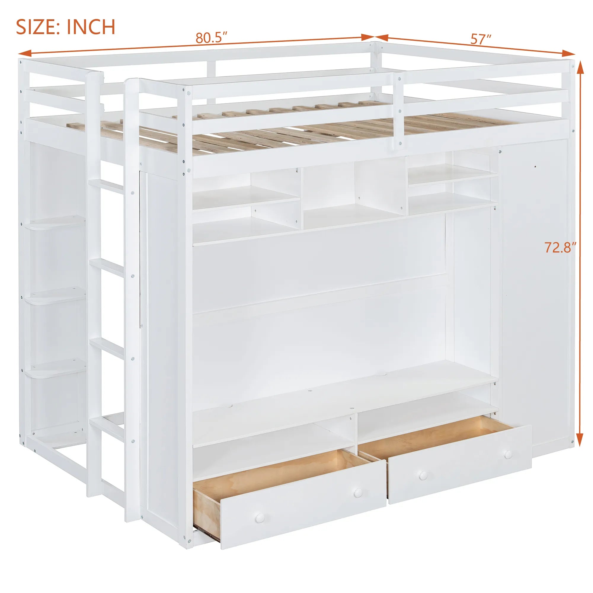 Bellemave® Full Size Wooden Loft Bed with Wardrobe, TV Cabinet, Storage Shelves, Drawers and RGB LED light - Bellemave