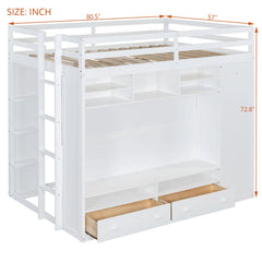 Bellemave® Full Size Wooden Loft Bed with Wardrobe, TV Cabinet, Storage Shelves, Drawers and RGB LED light - Bellemave