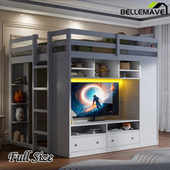 Bellemave® Full Size Wooden Loft Bed with Wardrobe, TV Cabinet, Storage Shelves, Drawers and RGB LED light - Bellemave