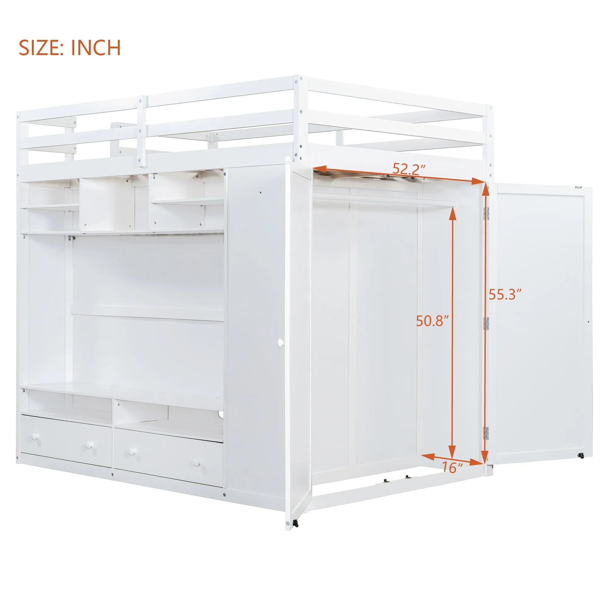 Bellemave® Full Size Wooden Loft Bed with Wardrobe, TV Cabinet, Storage Shelves, Drawers and RGB LED light - Bellemave