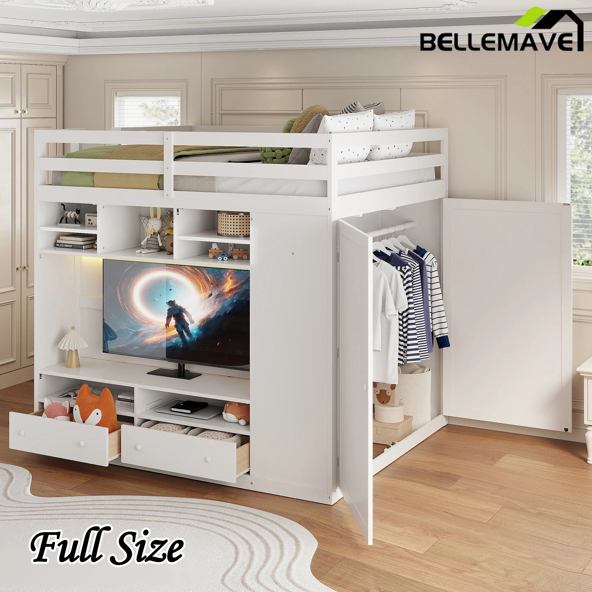 Bellemave® Full Size Wooden Loft Bed with Wardrobe, TV Cabinet, Storage Shelves, Drawers and RGB LED light - Bellemave