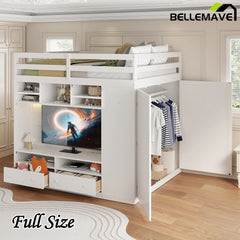 Bellemave® Full Size Wooden Loft Bed with Wardrobe, TV Cabinet, Storage Shelves, Drawers and RGB LED light - Bellemave