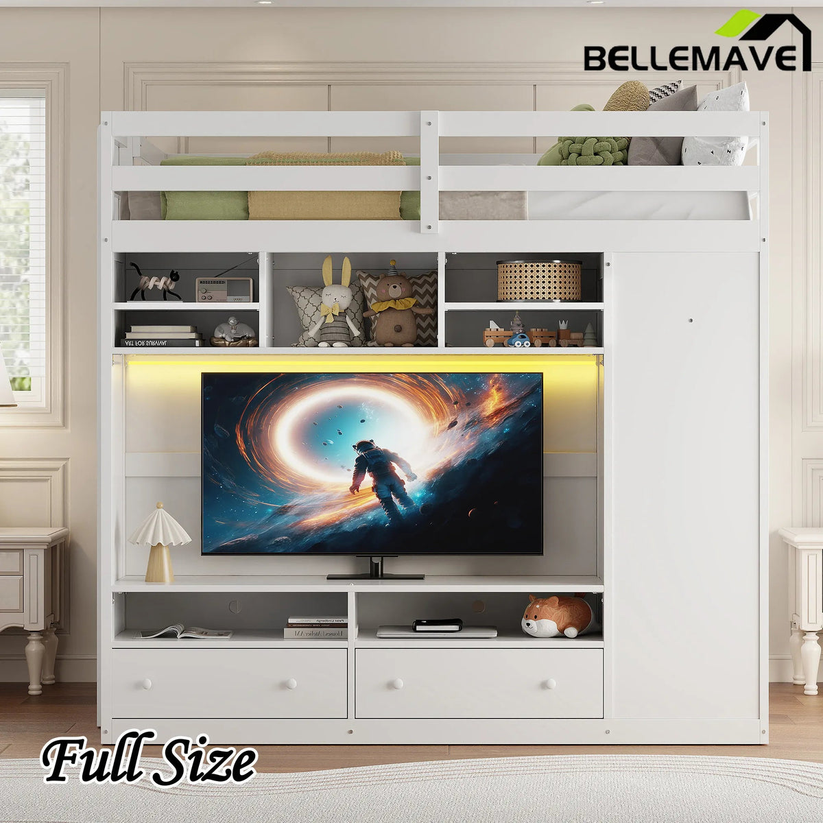 Bellemave® Full Size Wooden Loft Bed with Wardrobe, TV Cabinet, Storage Shelves, Drawers and RGB LED light - Bellemave