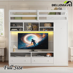 Bellemave® Full Size Wooden Loft Bed with Wardrobe, TV Cabinet, Storage Shelves, Drawers and RGB LED light - Bellemave