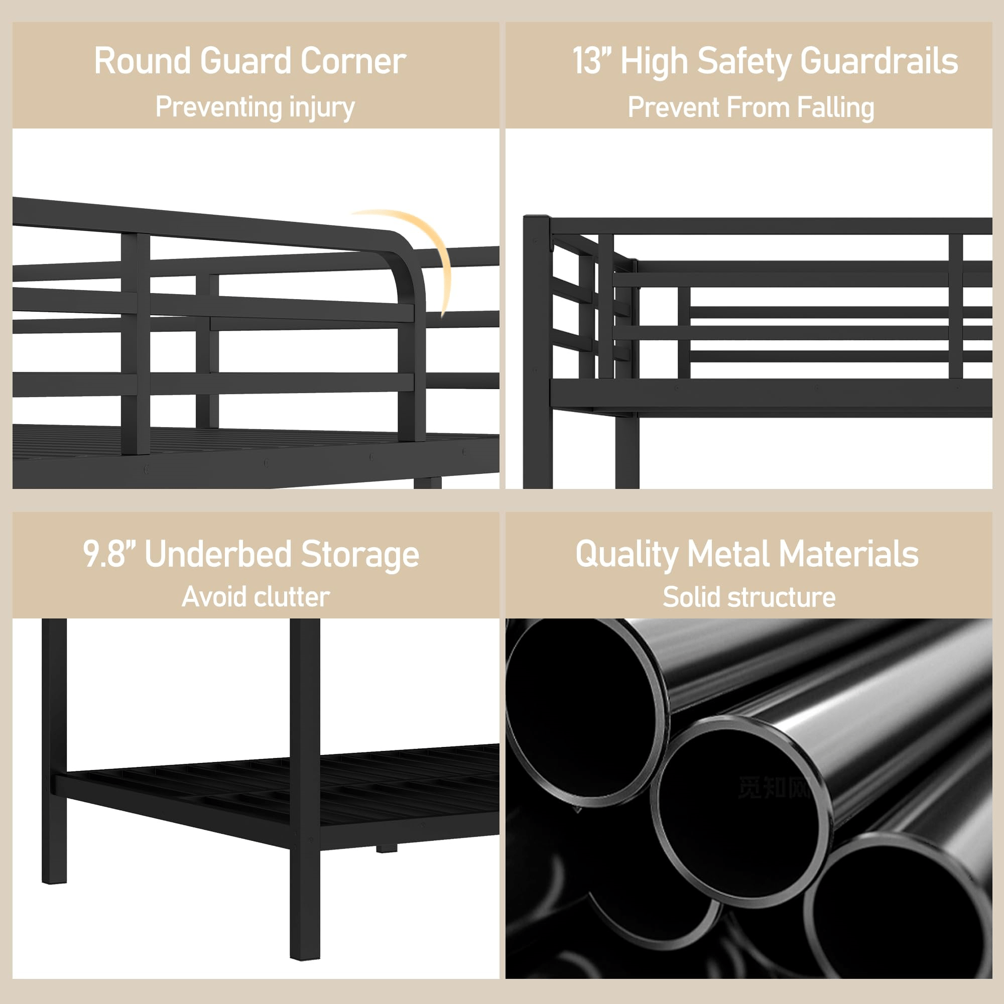 Bellemave® Full XL Over Full XL Bunk Beds with Ladder & Full - Length Guardrails, Metal Heavy Duty Full Size Bunk Bed Frame with Slats, Black - Bellemave