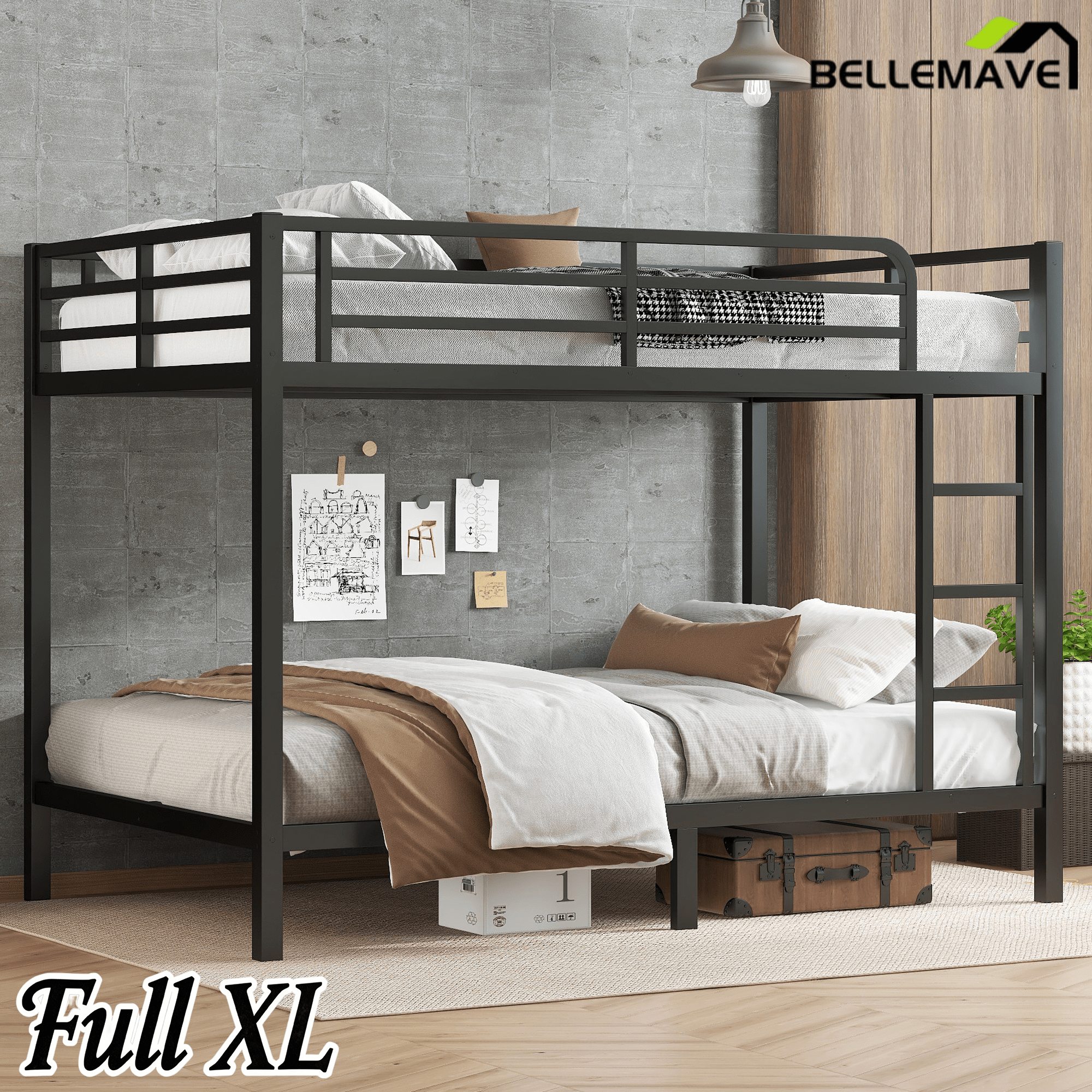 Bellemave® Full XL Over Full XL Bunk Beds with Ladder & Full - Length Guardrails, Metal Heavy Duty Full Size Bunk Bed Frame with Slats, Black - Bellemave