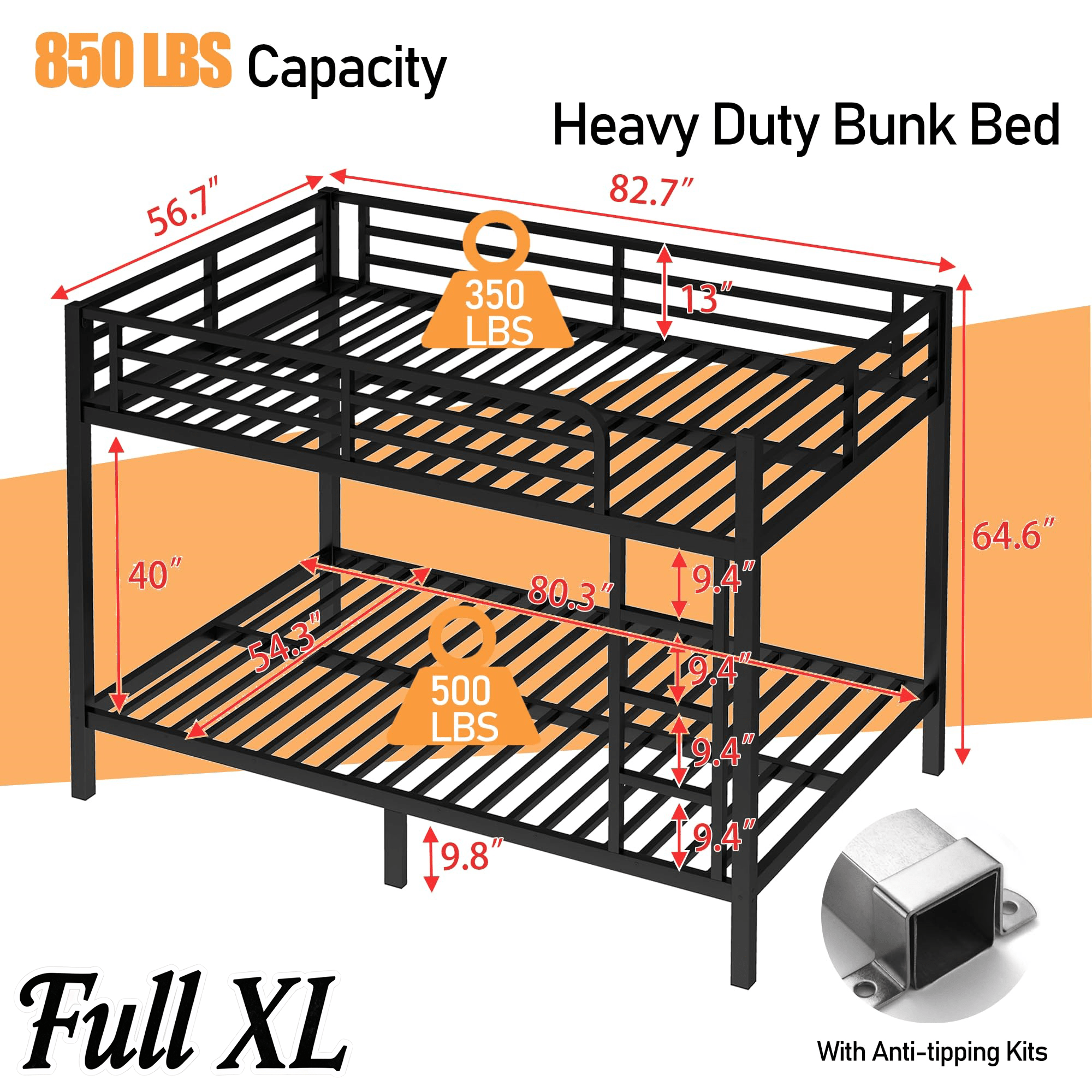 Bellemave® Full XL Over Full XL Bunk Beds with Ladder & Full - Length Guardrails, Metal Heavy Duty Full Size Bunk Bed Frame with Slats, Black - Bellemave