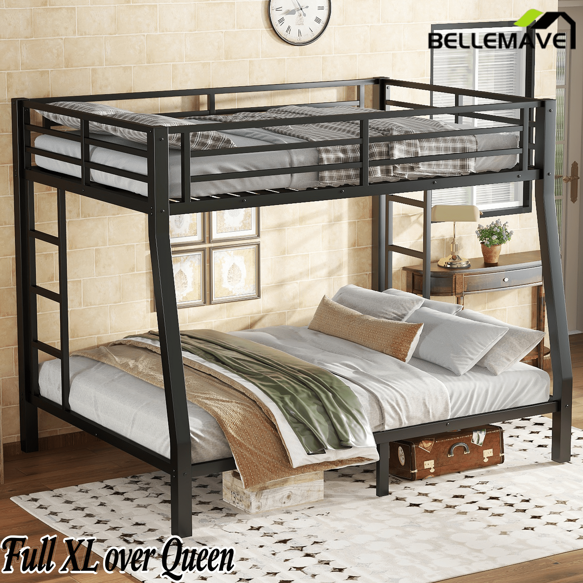 Bellemave® Full XL Over Queen Bunk Bed for Adults/Kids,Heavy Duty Adults Bunk Beds with Guardrail & Ladders,Black - Bellemave
