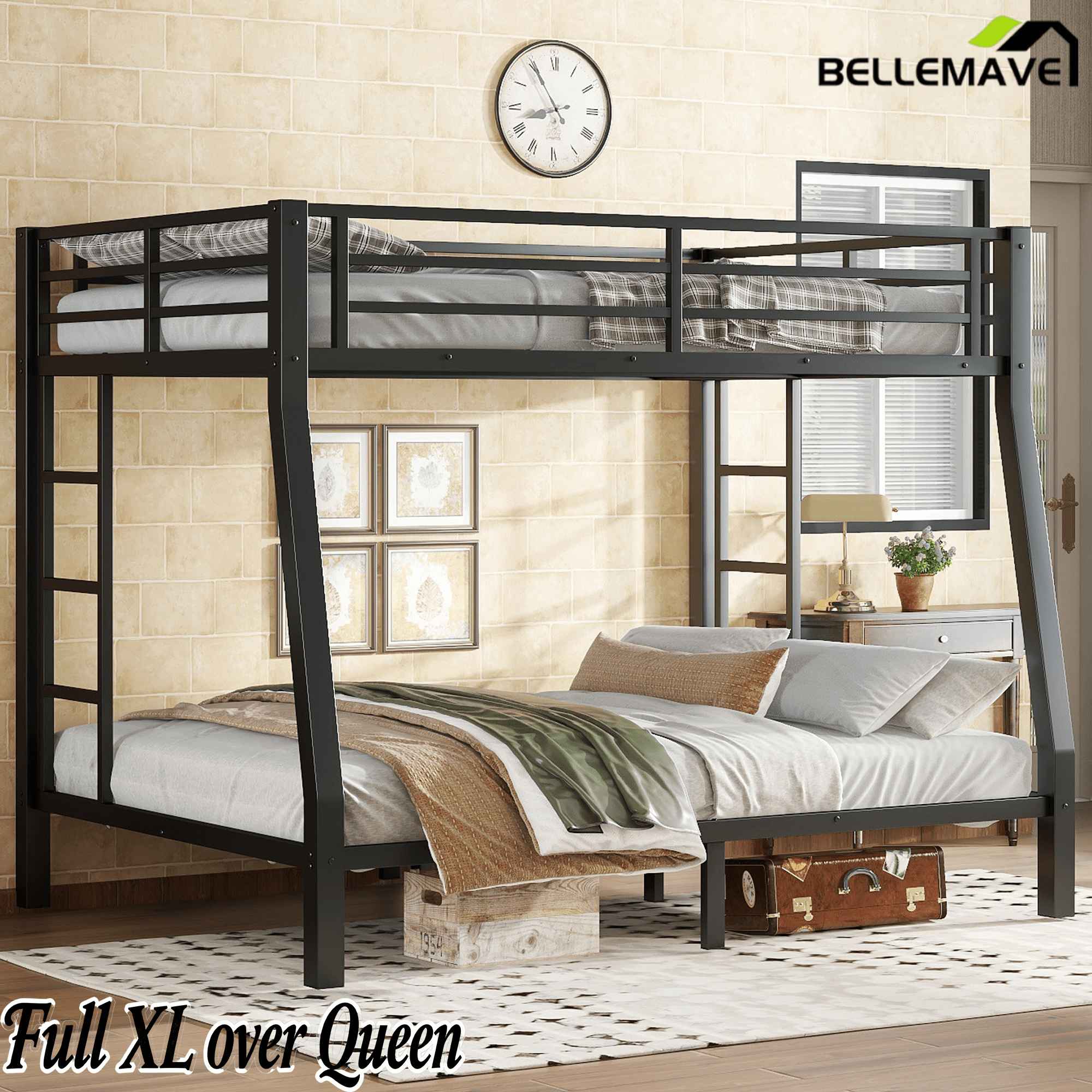Bellemave® Full XL Over Queen Bunk Bed for Adults/Kids,Heavy Duty Adults Bunk Beds with Guardrail & Ladders,Black - Bellemave