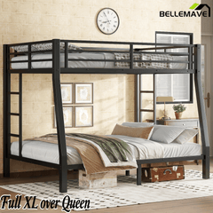 Bellemave® Full XL Over Queen Bunk Bed for Adults/Kids,Heavy Duty Adults Bunk Beds with Guardrail & Ladders,Black - Bellemave