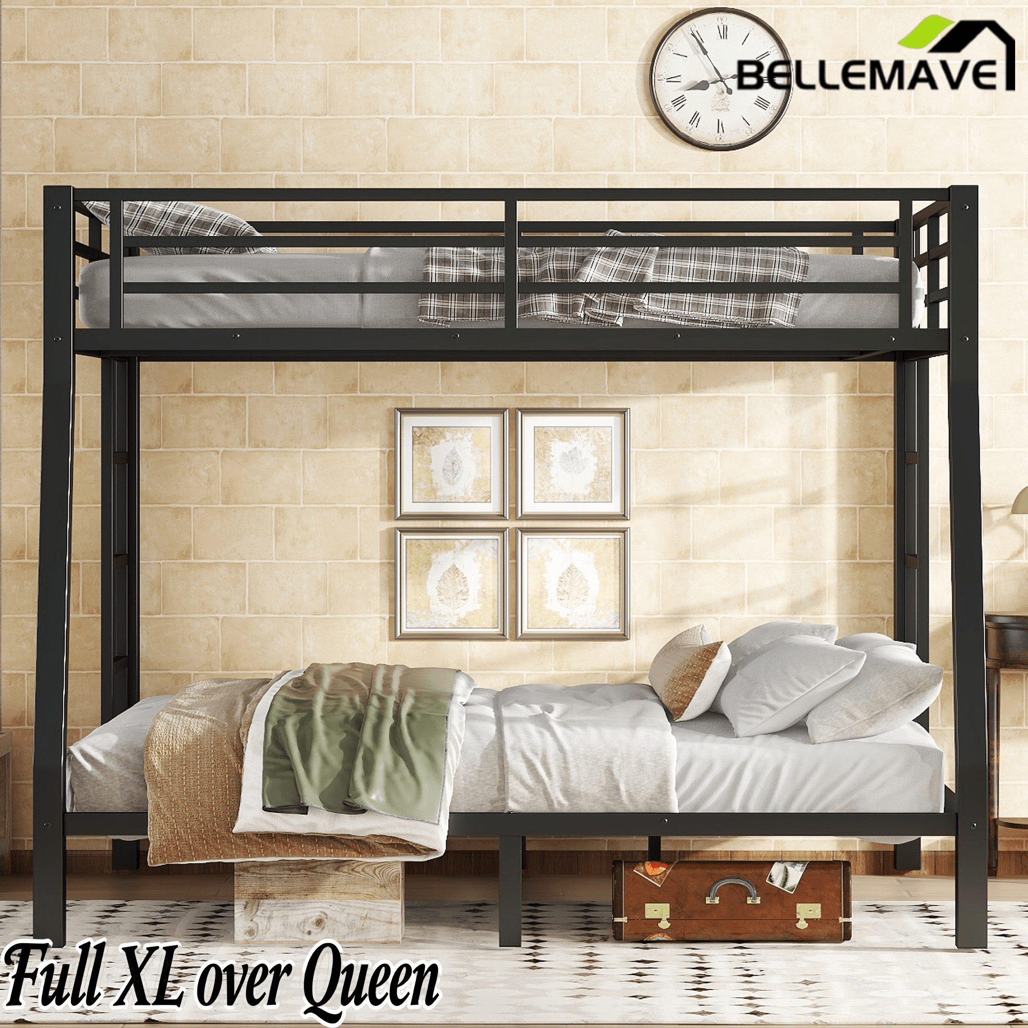 Bellemave® Full XL Over Queen Bunk Bed for Adults/Kids,Heavy Duty Adults Bunk Beds with Guardrail & Ladders,Black - Bellemave
